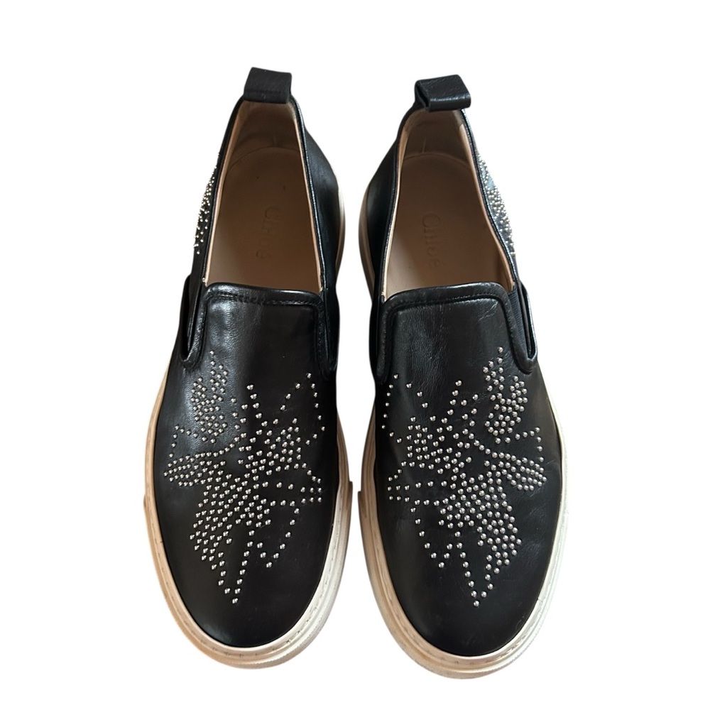 $995~CHLOE~Black Leather Studded Embellished Susanna Slip-On Sneakers~38~Dustbag